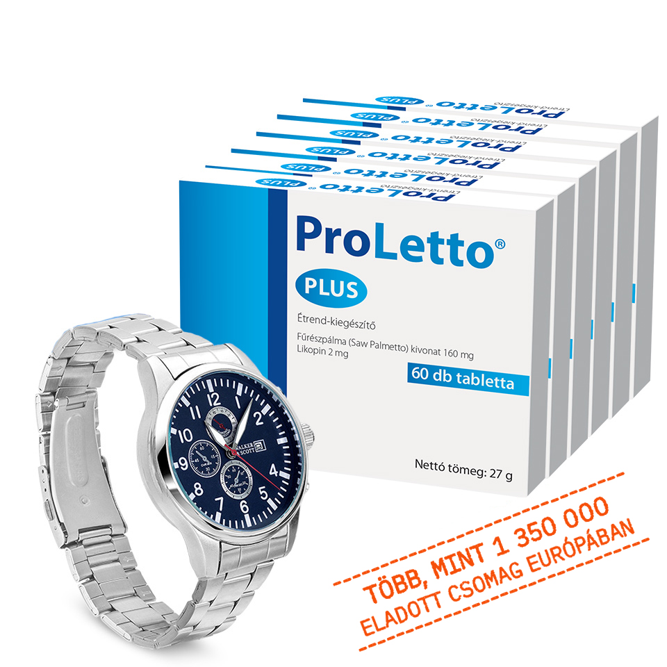 Natural Pharmaceuticals ProLetto® Plus Hatos csomag ProLetto® Plus étrend-kiegészítő készlet szabalpálma-kivonattal és likopinnal. Egy ezüst férfi karóra mellé ajándékba. Jobb alsó sarkában felirat: „Több, mint 1 350 000 eladott csomag Európában”.