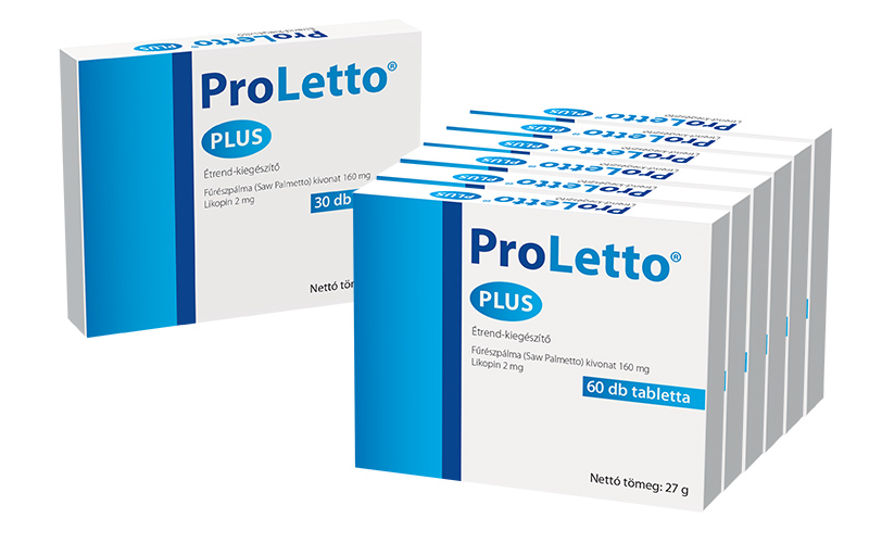 Natural Pharmaceuticals ProLetto® Plus ProLetto® Plus étrend-kiegészítő dobozok fűrészpálma kivonattal és likopinnal, 30 és 60 darabos kiszerelésben.