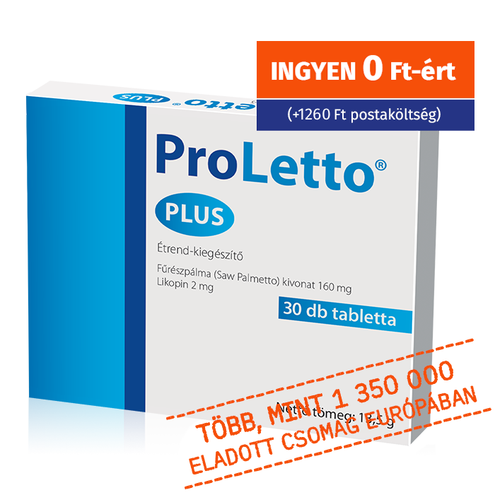 Natural Pharmaceuticals ProLetto® Plus ProLetto® Plus étrend-kiegészítő csomag (30 tabletta) szabalpálma-kivonattal és likopinnal. Látható promóció: „0 Ft” (ingyenes termék, csak a szállítási költség - 1260 Ft) és felirat: „Több, mint 1 350 000 eladott csomag Európában.”