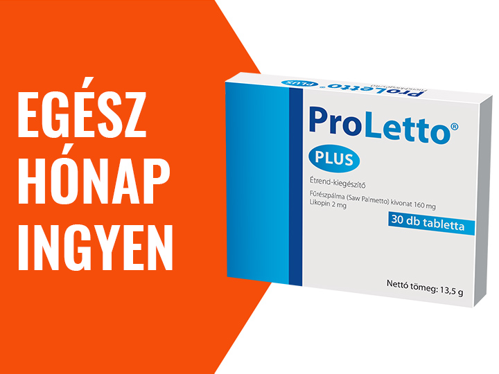 Natural Pharmaceuticals ProLetto® Plus A ProLetto® Plus étrend-kiegészítő csomag (30 tabletta) szabalpálma-kivonattal és likopinnal. A bal oldalon narancssárga alapon a következő felirat olvasható: „EGÉSZ HÓNAP INGYEN”.